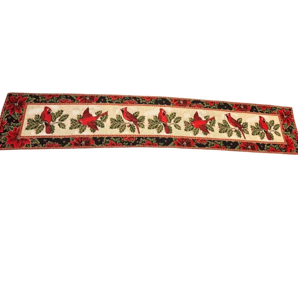 Christmas Cardinal Poinsettia Woven Tapestry Table Runner Holiday Decor 70x13